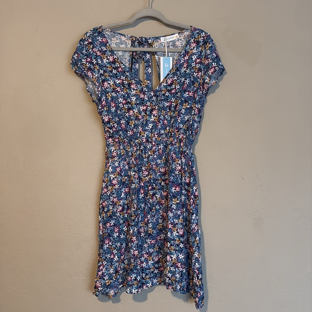 Cupshe Chic Floral V-Neck Mini Dress With Back Tie Short Sleeves